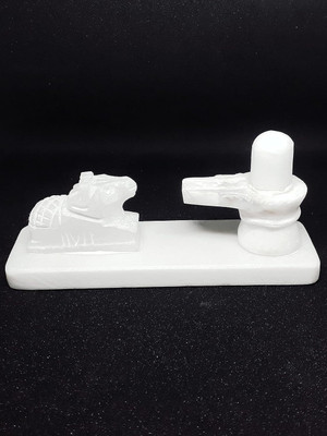 KRAFT CLOUDS Stone Shivling Nandi Set on Plate | Idol For Pooja in temple, home | Small Size Decorative Showpiece  -  12 cm(Marble, White)