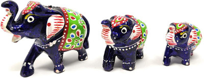 suvasane Rajasthani Handcrafted Elephant Royal Sawari Ambari Showpiece - Set Of 3 Decorative Showpiece  -  6.5 cm(Paper Mache, Blue)