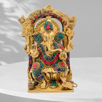 BrassAura Ganesh Murti Ganesha Sitting on Lotus Singhasana with Kalash and Mouse 1.9 Kg Decorative Showpiece  -  19.1 cm(Brass, Multicolor)