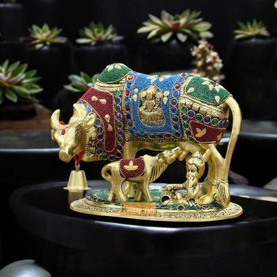 KridayKraft Kamdhenu Cow with Calf Metal Statue for Good Luck Feng Shui & Vastu Showpiece Decorative Showpiece  -  16 cm(Metal, Gold)