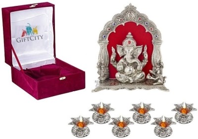 GIFTCITY Metal Ganesha Murti With 6 Piece Jyot Diya Under velvet Gift Box For Home Decor Decorative Showpiece  -  24 cm(Metal, Silver)