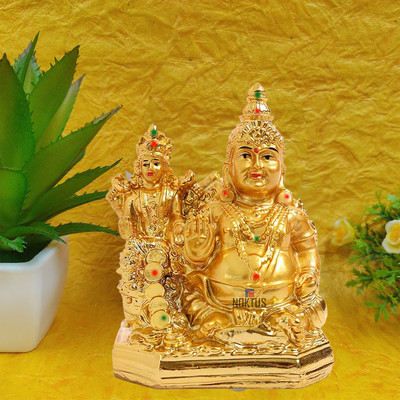 NOKTUS Kubera Lakshmi Idol / Lord Kubera and Lakshmi Statue for Wealth and Harmony Decorative Showpiece  -  10 cm(Resin, Gold)