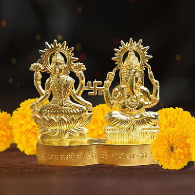 Shubhanjali Lakshmi Ganesha murti Idol Set for Diwali,Decoration, Swastik ,Golden 4 Inch Decorative Showpiece  -  10 cm(Metal, Gold)