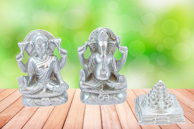 Rudratva Parad Laxmi Ganesh with Meru Shree Yantra for Diwali & Laxmi Pooja - 380-400g / Decorative Showpiece  -  5.5 cm(Metal, Silver)