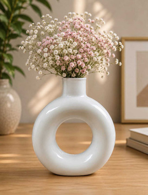 Handiclay 6 Inch Glossy Ceramic Ring Vase Hollow Donut Flower Vase for Home Decor Decorative Showpiece  -  13 cm(Ceramic, White)