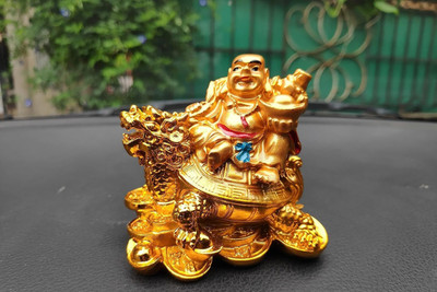 SANWALIYA JI Title: SANWALIYA JI Laughing Buddha on Dragon Turtle | Feng Shui Idol for Wealth Decorative Showpiece  -  16 cm(Polyresin, Gold)