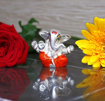 Neodrift Ganesh Idol for Car Dashboard (Real 24kt & 999 Silver Plated) Decorative Showpiece  -  5 cm(Silver Plated, Silver, Orange)