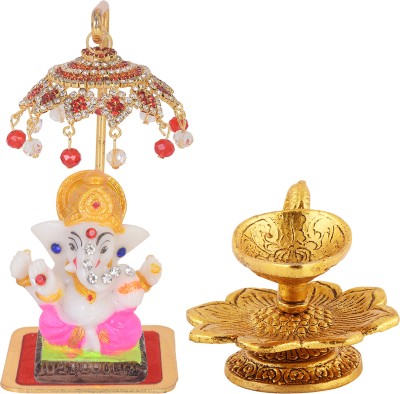jagriti enterprise Matel Chatri Idol Stand with Marble Mukut Ganesh Matel Pooja Diya Flower Design Decorative Showpiece  -  2 cm(Marble, Gold Plated, Metal, Multicolor)