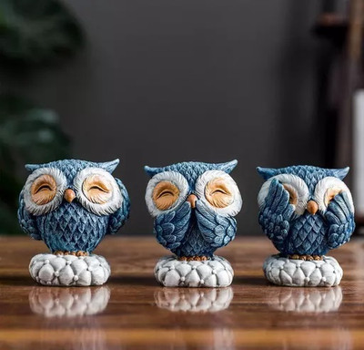 Tanish Handicraft Polyresin Cute Owl Statue Resin Blue Colour Owl Figurine Set of 3 Decorative Showpiece  -  8 cm(Resin, Blue)