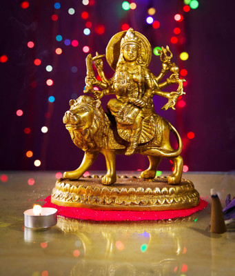 NATHAM Natham Brass Maa Durga Statue on Lion with Detailed Hand Engraving Decorative Showpiece  -  24 cm(Brass, Metal, Gold)