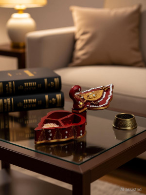 Smallstores Roli Tika Chopra in Peacock Shape Meenakari Work/Kumkum Box (Red) -Small- Wood Decorative Showpiece  -  8 cm(Wood, Red)