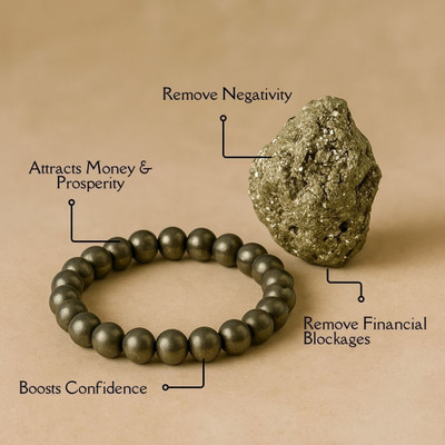 Namh Vastuu Raw Pyrite Stone (30–40g) & Pyrite Bracelet Combo | Energized for Wealth Decorative Showpiece  -  5 cm(Crystal, Grey)