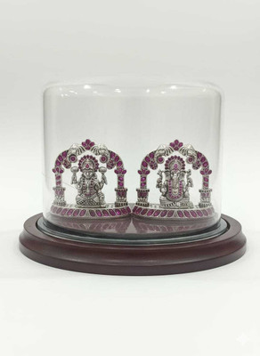 Lakhdatar and Sons Jewellers 925 Sterling Silver Lakshmi Ganesh Idol Set with Glass Dome Decorative Showpiece  -  12 cm(Silver, Silver)