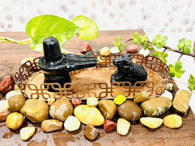 DARIDRA BHANJAN Marble Dust Handmade Shivling and Nandi Idol Statue shivling stand adiyogi Decorative Showpiece  -  7 cm(Marble, Black)