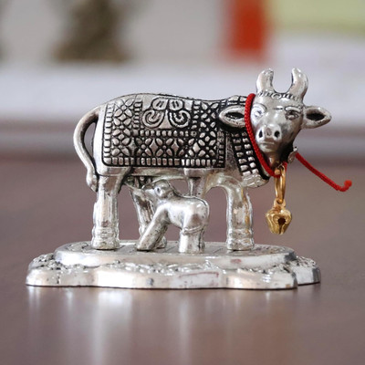 KridayKraft Kamdhenu Cow with Calf Metal Rajasthani Handicrafts Decorative Showpiece Decorative Showpiece  -  5.5 cm(Aluminium, Silver)