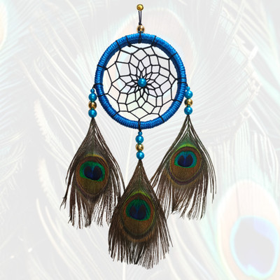 THE URBAN CRAFTIQUE THE URBAN CRAFTIQUE Handcrafted Peacock Feather Dream Catcher, Wall Hanging Decorative Showpiece  -  30 cm(Feather, Wood, Blue)