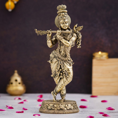 shyam antique creation 10 Inch Shri Krishna Standing Statue Large Size Kanha Playing Flute Murti Idol Decorative Showpiece  -  25.4 cm(Brass, Gold)