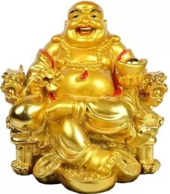 Digital Comm Fengshui Laughing Buddha Sitting On Chair Ingot, Sitting With Money Coin Decorative Showpiece  -  8 cm(Resin, Gold)