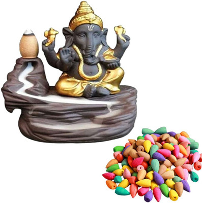 DecorArt Lord Ganesha Backflow Smoke Fountain Incense Holder with 51 Backflow Cones/Dhoop Decorative Showpiece  -  12 cm(Polyresin, Gold)