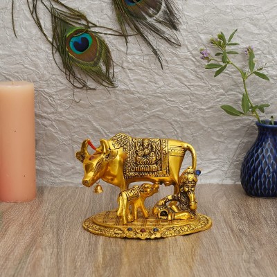 Awesome Craft Kamdhenu Cow with Calf Marble Statue for Good Luck Gau Maa Idol with Stone Work Decorative Showpiece  -  14 cm(Metal, Gold)