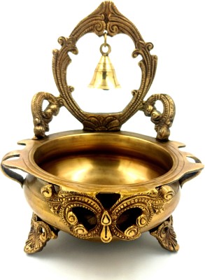 ARIHANT CRAFT Ethnic Carved Urli with Bell Sculpture Decorative Showpiece  -  22 cm(Brass, Yellow, Gold)