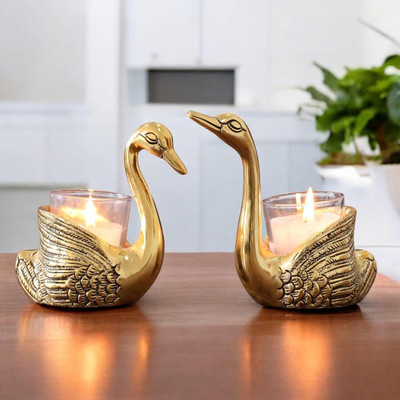KridayKraft Swan love Bird Duck Votive Candle Holders Decorative Showpiece  -  13 cm(Aluminium, Gold)
