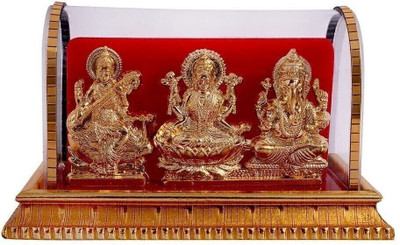 INTERNATIONAL GIFT Gold Plated Laxmi Ganesh Saraswati Idol In Acrylic Box | For Car Dashboard Decorative Showpiece  -  12 cm(Metal, Multicolor)