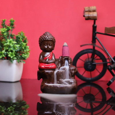 sculpmart sculpmart Polyresin Meditating Buddha Monk Idol Smoke Fountain with 10 Dhoops Decorative Showpiece  -  12 cm(Polyresin, Brown)