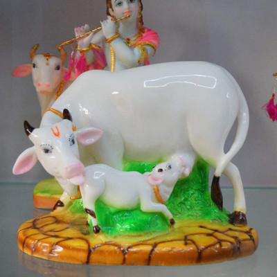 SBBCO Divine Magnet Kamdhenu Cow Statue with Calf for Home Decor Gifting Decorative Showpiece  -  16 cm(Marble, White)