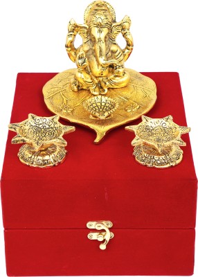 Delhi Gift House Metal Golden Patta Ganesh Idol Murti With 2Pcs Diya And One beautiful Red Box Decorative Showpiece  -  10 cm(Gold Plated, Metal, Gold)