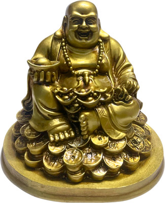 Ripe India Exclusive Fengshui Laughing Buddha Figurine for Good Luck Sitting on Lucky Coins Decorative Showpiece  -  14 cm(Resin, Multicolor)