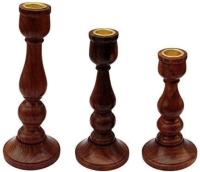 Taargo crafts Wooden Three Candles Stands Decorative Showpiece  -  8 cm(Wood, Brown)