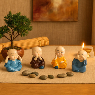 Picfest t Set of 4 Miniature Buddha Monk Statues – Multicolour Resin Decorative Showpiece  -  15 cm(Stone, Multicolor)