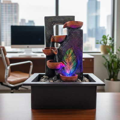 DJ The D&J Decorative Tabletop Leaf Water Fountain with LED Lights 40 CM Decorative Showpiece  -  40 cm(Polyresin, Multicolor)