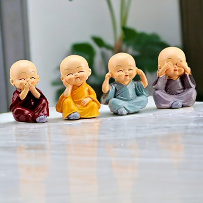 Trendify enterprises Manthan Baby Monk Buddha Set Of 4 Statue for Home Office Car Dashboard. Decorative Showpiece  -  6 cm(Stone, Multicolor)
