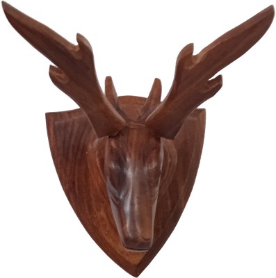 Purpledip Wooden Wall Hanging Plaque: Regal Design Deer Head With Horns Decorative Showpiece  -  15 cm(Wood, Brown)