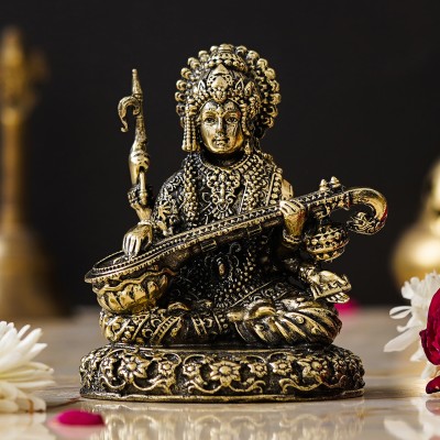 shyam antique creation Goddess Sarasvati Idol Maa Saraswati Sitting Murti Statue for School Home Diwali Decorative Showpiece  -  9.779 cm(Brass, Gold)