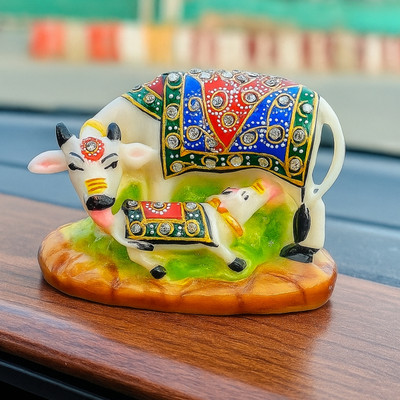 KAVIART Kamdhenu Cow & Calf Idol | Handcrafted Decorative Showpiece for Home & Temple Decorative Showpiece  -  8 cm(Resin, White)