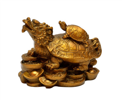 Feng Shui Art Vastu / Dragon Tortoise With Child for Health and Happyness Decorative Showpiece  -  7 cm(Polyresin, Gold)