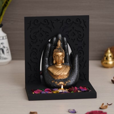 eCraftIndia Gold & Grey Polyresin Palm Buddha Showpiece with Rectangle Wooden Base Decorative Showpiece  -  15 cm(Polyresin, Black)