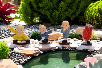 BlissfulBox Cute Monk Kung-Fu Buddha Statue Showpiece for Home I Office Desk I Car Dashboard Decorative Showpiece  -  12 cm(Polyresin, Multicolor)