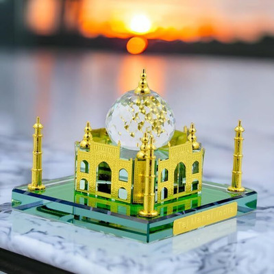 Phalodi Creation Taj Mahal Miniature Show Piece Symbol of Love Made of Crystal Decorative Showpiece  -  4 cm(Gold Plated, Yellow)