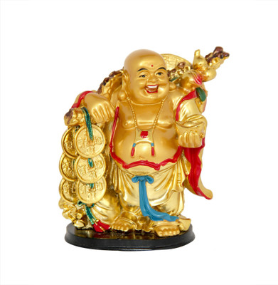 Vashoppee Vastu / Feng Shui / Laughing Buddha with Coin Chain For Wealth And Happyness Decorative Showpiece  -  14 cm(Polyresin, Gold)