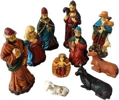 PartyFlex Nativity Set with Stable and Figurines for Christmas Home Decoration Decorative Showpiece  -  9 cm(Wood, Brown)