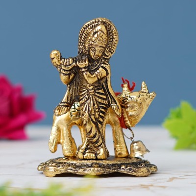 DecorHouse Premium Lord Krishna Playing Flute On Kamdhenu Cow Idol Statue Murti Decorative Showpiece  -  8.89 cm(Metal, Gold)