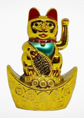 SAFKSP Feng Shui Lucky Waving Cat Decorative Showpiece  -  9 cm(Plastic, Gold)