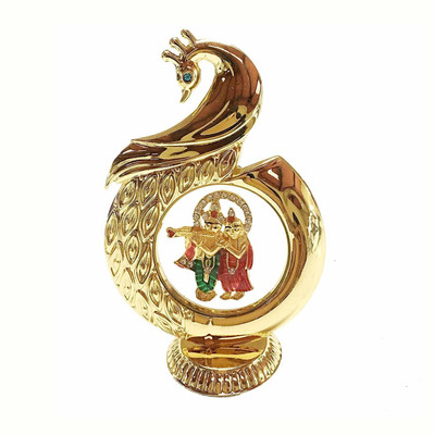 SMILES GIFT Gold Plated Radha Krishna Idol In Peacock Shape | For Table, Car Dashboard Decorative Showpiece  -  6 cm(Metal, Gold)