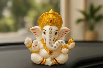 SVGG DECORS Resin Ganesha Statue for Home Temple Decoration I Ganesh Idol for Car Dashboard Decorative Showpiece  -  6.5 cm(Polyresin, White)