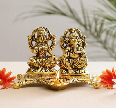 Siprija Lakshmi Ganesh with Diya Statue Idol Murti Metal , Diwali Oil Lamp Decorative Showpiece  -  20 cm(Brass, Gold)