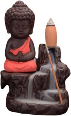 Shyrock Little baby Monk Buddha Smoke Backflow Cone Incense Holder With 10 Sticks Decorative Showpiece  -  13 cm(Resin, Orange)